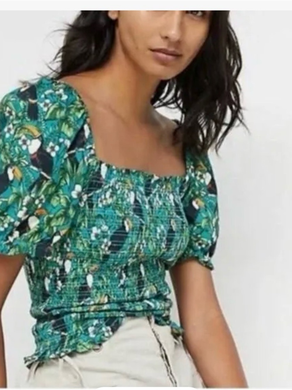 Anthropologie Dolan Green Tropical Toucan Smocked Puff-Sleeve NWOT Top SZ Large